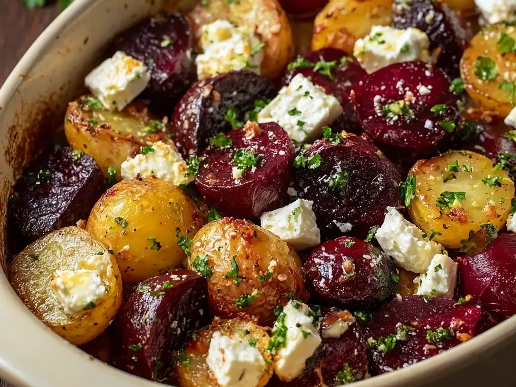 Ofenkartoffeln mit Roter Bete, Feta und karamellisierten Zwiebeln – bunt, aromatisch & aus einem Blech
